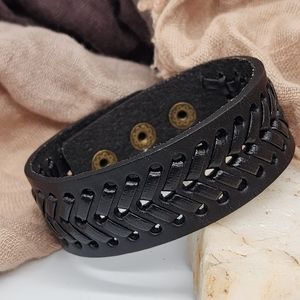 Genuine Black Leather Unisex Designer Bracelet Antique Gold Bronze Clip